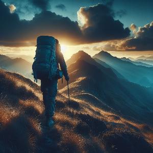 backpacker hiking up a mountain at sunset-3